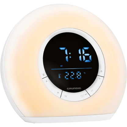 209152 - GRUNDIG Orë Alarmi me Dritë Ditë, Llambë Nate e Bardhë me Radio dhe Bluetooth, Ekran LED, Tinguj Natyre