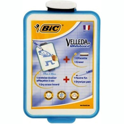 274680 - BIC Tabelë e vogël e bardhë Velleda me dy anë për fshirje të thatë, me shënues blu dhe gomë, 19x26 cm