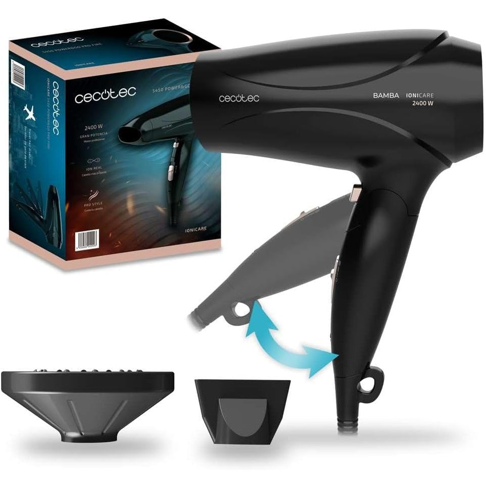 298473 - CECOTEC Tharëse flokësh Ionic IoniCare 5450 Power&Go Pro, 2400 vat, jone të vërteta, rrjedhje e lartë, funksion ajri të ftohtë, difuzor i përfshirë, e zezë me detaje bronzi