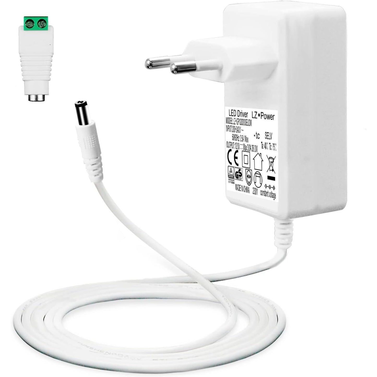 186108 - LACASA Furnizim me energji 12V 3A për shirita LED, transformator 36W, Adaptor konvertues AC 200-240V në DC 12V me kabllo 1.5m, Prizë 5.5 x 2.1mm, Spinë BE, Miratuar nga GS TÜV CE