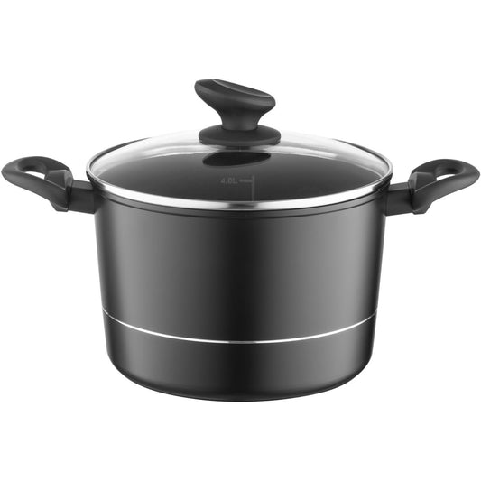 135542 - FLORINA Tenxhere Alumini e Thellë me Kapak Qelqi DELUX, 22cm, 5L, me Gotë Matëse dhe Shtresë Anti-Gërvishtje, e Përshtatshme për Soba me Induksion, Gaz dhe Elektrike, Ngjyra e Zezë