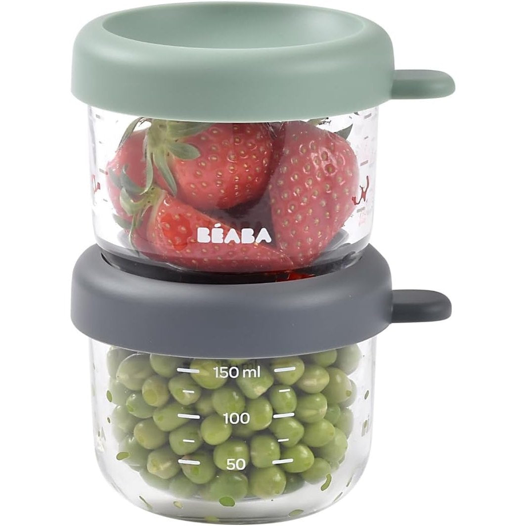 275749 - BÉABA Set me 2 enë qelqi për ruajtjen e ushqimit | 150 ml | 100% hermetik | Rezistent ndaj nxehtësisë dhe të ftohtit | Jeshile sherebele/minerale
