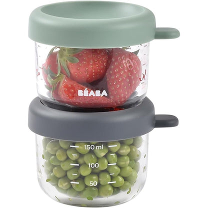 275749 - BÉABA Set me 2 enë qelqi për ruajtjen e ushqimit | 150 ml | 100% hermetik | Rezistent ndaj nxehtësisë dhe të ftohtit | Jeshile sherebele/minerale