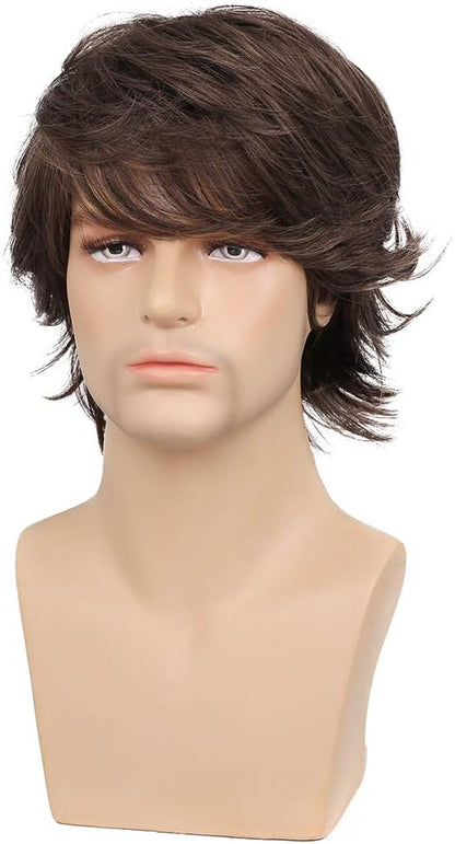 43616 - PARUKË PËR MESHKUJ, Kostum për Halloween dhe Cosplay të Përditshëm. Kafe me Shtresa të Shkurtra dhe Balluke, Material Sintetik me Valë Natyrale.