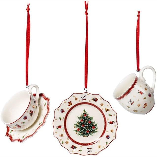 183842 - VILLEROY & BOCH Toy's Delight Decoration Ornaments, Set 3 Pjesë të Veshur me Porcelan Premium, Tekstil dhe Metal, Enë Tavoline Krishtlindjesh, e Bardhë dhe e Kuqe, 6.3 cm