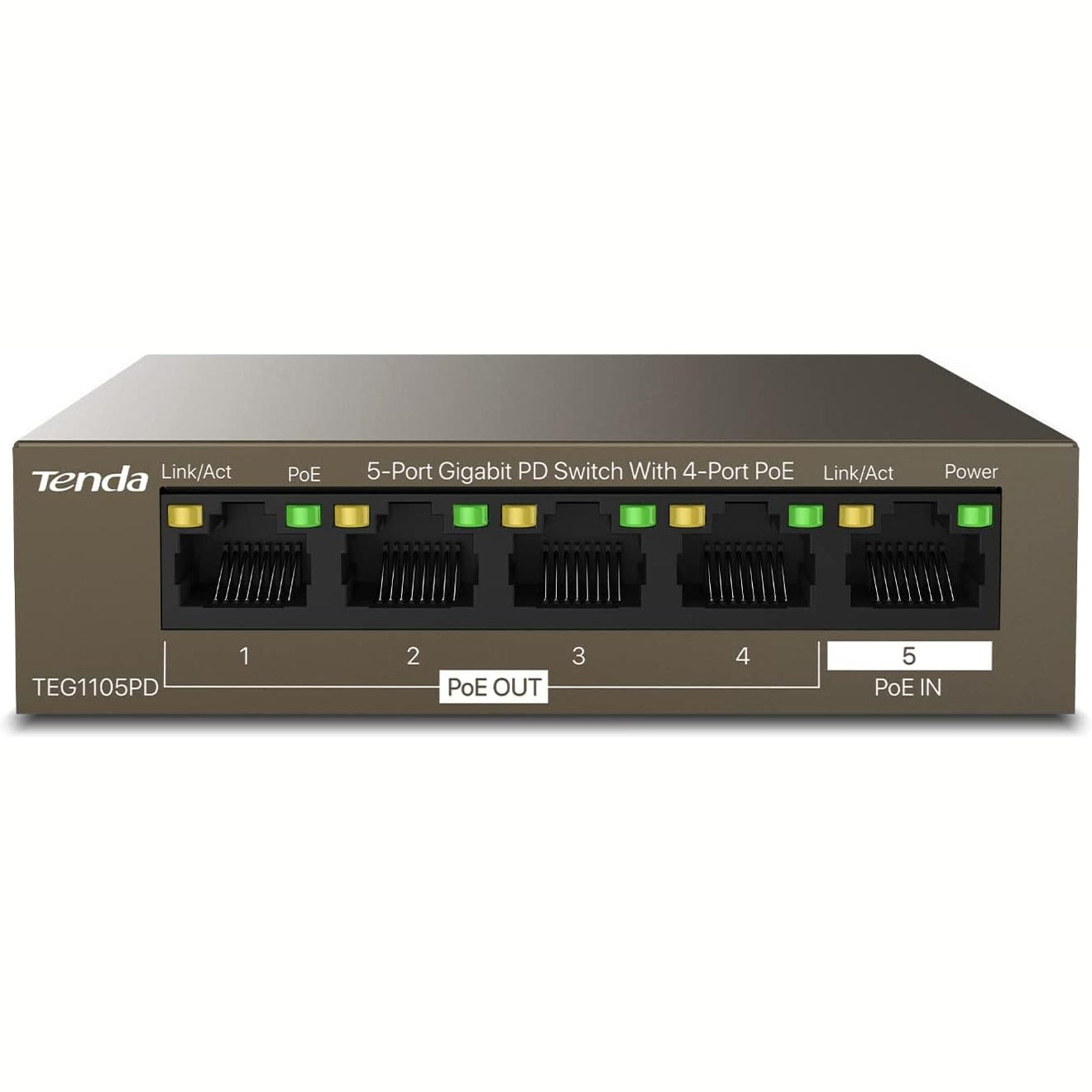 266645 - TENDA TEG1105PD, Ndërprerës PoE me 5 Porta, 1 Hyrje dhe 4 Dalje, Plug-and-Play, Pa Ventilator, Kuti Metalike