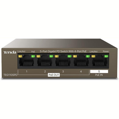 266645 - TENDA TEG1105PD, Ndërprerës PoE me 5 Porta, 1 Hyrje dhe 4 Dalje, Plug-and-Play, Pa Ventilator, Kuti Metalike