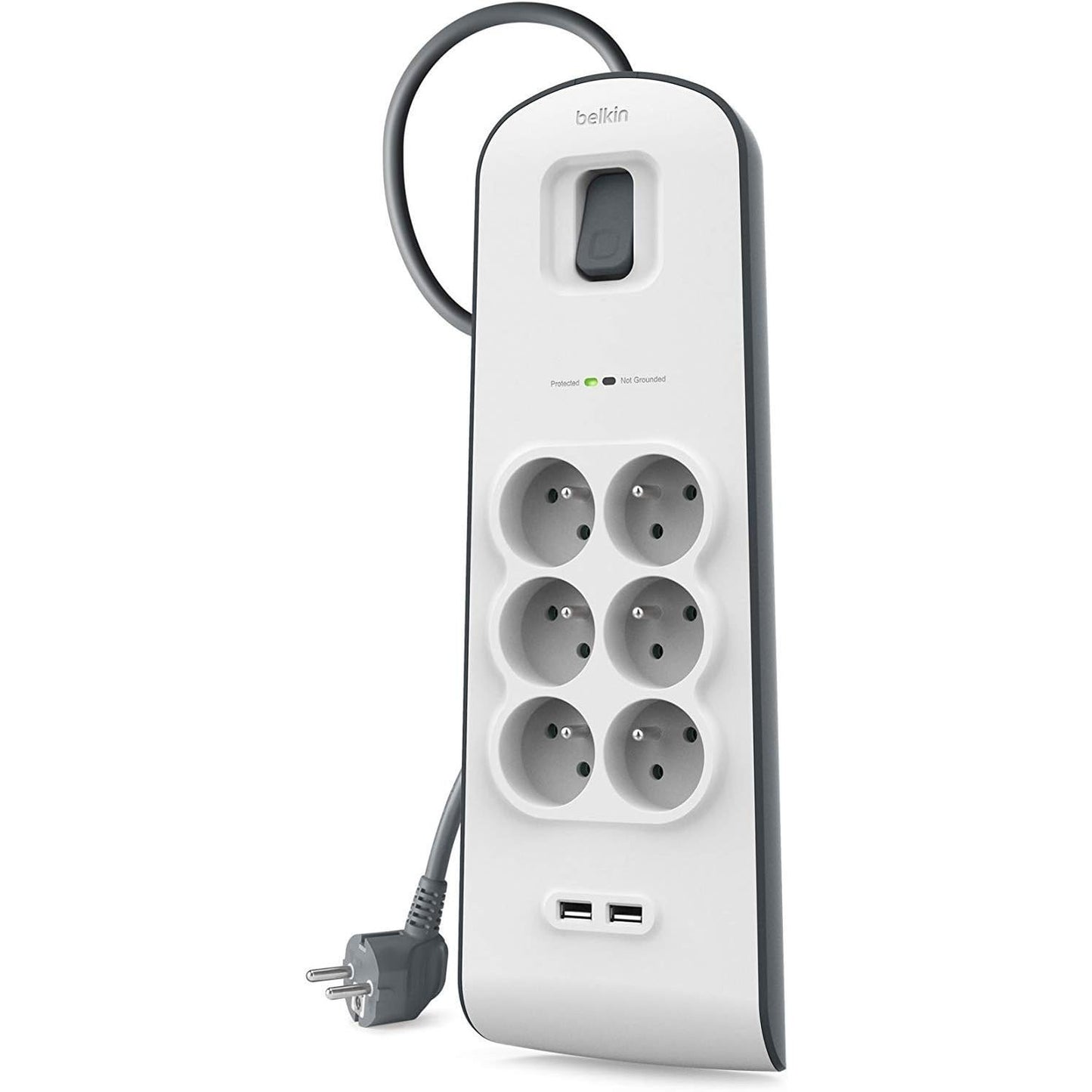 273581 - BELKIN Mbrojtës nga mbitensionet me 6 priza, 650 xhul, kabllo 2m, 2 x USB, e bardhë