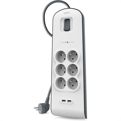 273581 - BELKIN Mbrojtës nga mbitensionet me 6 priza, 650 xhul, kabllo 2m, 2 x USB, e bardhë