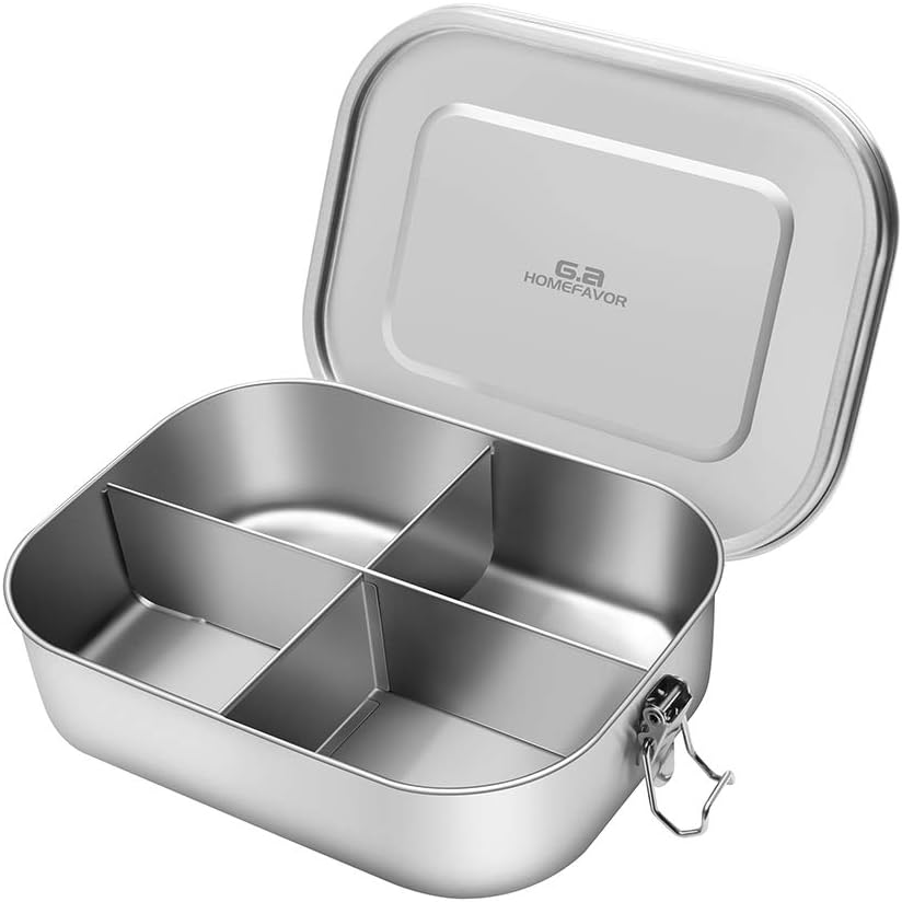 214663 - GA HOMEFAVOR Kuti Dreke prej çeliku inox, me 4 ndarje, 1400ml, Kuti Bento e papërshkueshme nga rrjedhjet