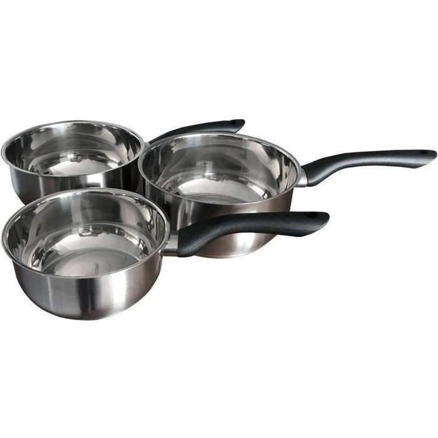 195364 - BAUMALU - Set Enësh Gatimi Primo 3 Pjesë, Çelik Inox, I Përshtatshëm për Të Gjitha Sobat (Përfshirë Induksionin), Bazë Trefishtë, Doreza Bakeliti, Madhësi Ø 16cm, 18cm dhe 20cm