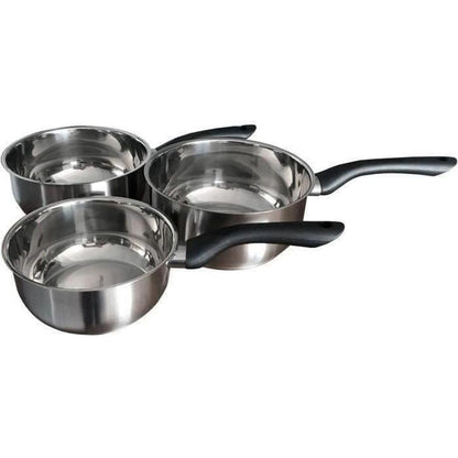 195364 - BAUMALU - Set Enësh Gatimi Primo 3 Pjesë, Çelik Inox, I Përshtatshëm për Të Gjitha Sobat (Përfshirë Induksionin), Bazë Trefishtë, Doreza Bakeliti, Madhësi Ø 16cm, 18cm dhe 20cm