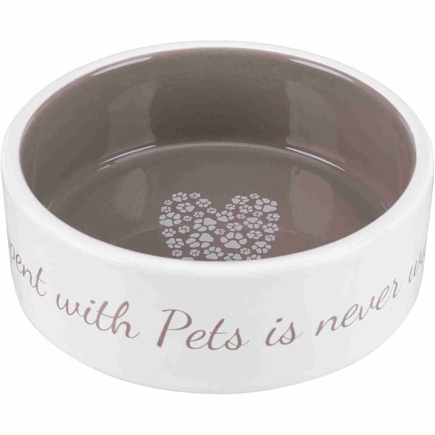 203094 - TRIXIE PET'S HOME - Tas Qeramik për Qen dhe Mace, Kapacitet 0.3L, Diametër 12cm, me Motiv Zemre, i Sigurt për Lavatriçe, Krem/Gjezhë - 25053