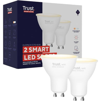 218763 - TRUST Llampa inteligjente WiFi GU10, e pajtueshme me Alexa dhe Google Home, dritë LED GU10 me errësim, dritë e bardhë e ngrohtë deri në të ftohtë - Pako me 2