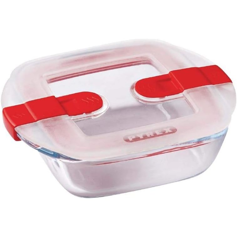 185609 - PYREX Cook&Heat - Enë Katrore Qelqi me Kapak Hermetik të Sigurt për Mikrovalë - Ruajtje e Ushqimit, Gatimi dhe Ngrohja në Furrë, Transparente