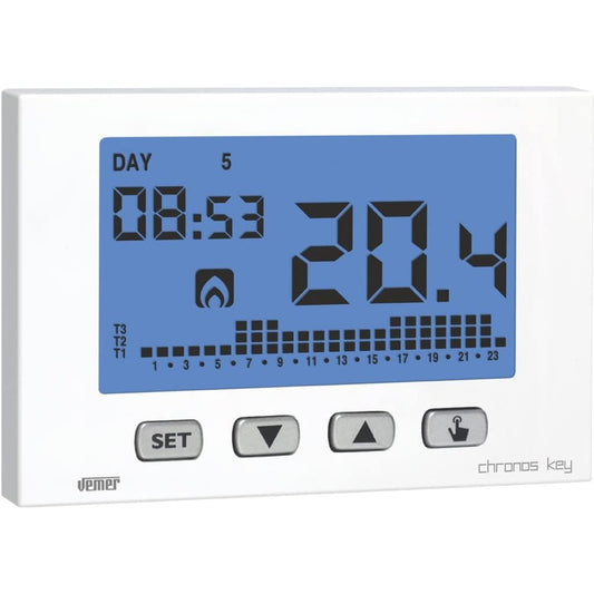 266111 - VEMER VE727400 Chronos Key - Termostat Dhome për Ngrohje dhe Kondicionim Ajri, Programim Javor, Furnizim me Energji 230V, i Bardhë