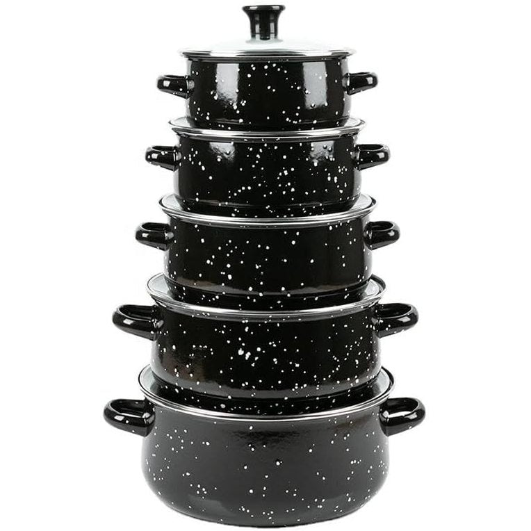 250684 - HERZBERG HG04128 Set tenxheresh dhe pjekësesh me 10 pjesë, Kapakë qelqi, Smalt të zi, Madhësi 16-24CM, Qëndrueshmëri superiore