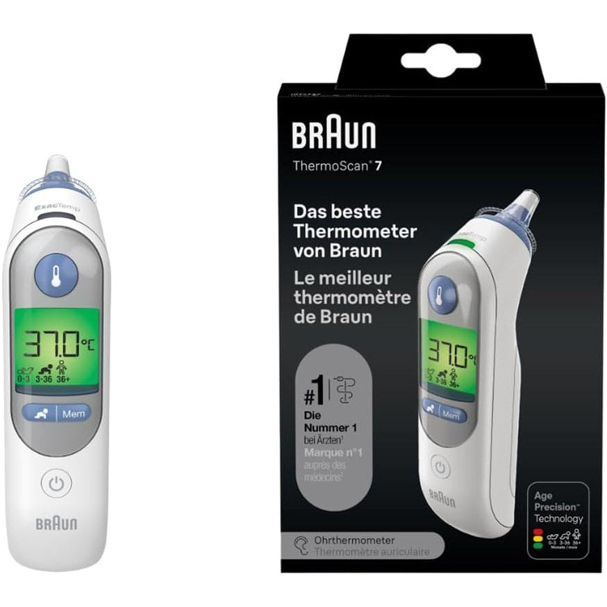 289642 - BRAUN ThermoScan 7 BRAIRT6520 - Termometër veshi - Teknologjia e Precizionit Age - Ekran dixhital me kodim ngjyrash - Miqësor për foshnje dhe fëmijë të vegjël