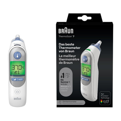 275136 - BRAUN Termometër Veshi ThermoScan 7 BRAIRT6520 | Teknologji Precizionit Age | Ekran Dixhital me Kodim Ngjyrash | Miqësor për Foshnje dhe Fëmijë të Vegjël