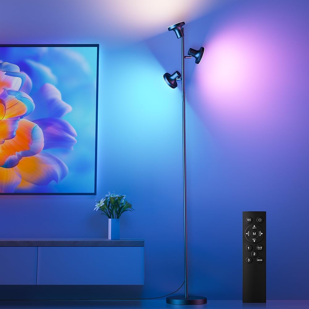 239397 - SIBRILLE Llambë Dyshemeje LED, RGB me errësim, 36W, 2500LM, telekomandë, 2700K-6500K, 3 Drita, Llambë Moderne