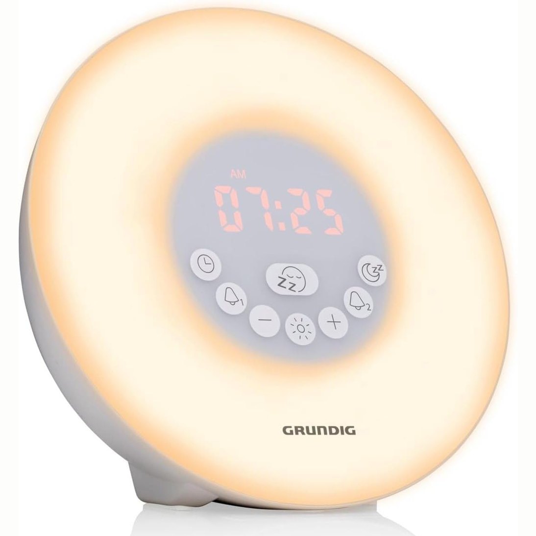 250813 - GRUNDIG Orë alarmi Light me radio FM, 10 tinguj natyrorë, LED me ndryshim ngjyrash, simulim ecjeje sipas shenjës së zodiakut, funksion shtyrjeje dhe kohëmatësi, e bardhë