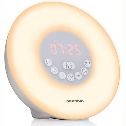 250813 - GRUNDIG Orë alarmi Light me radio FM, 10 tinguj natyrorë, LED me ndryshim ngjyrash, simulim ecjeje sipas shenjës së zodiakut, funksion shtyrjeje dhe kohëmatësi, e bardhë