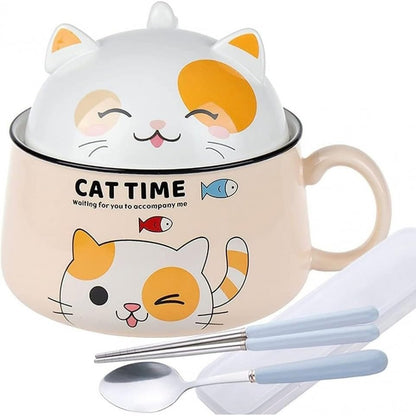 208826 - LACHINEUSE - Tas Supë Ramen Kawaii Macja me Kapak 1020ml, Tas Makaronesh me Dorëzë, Materiali: E Verdhë