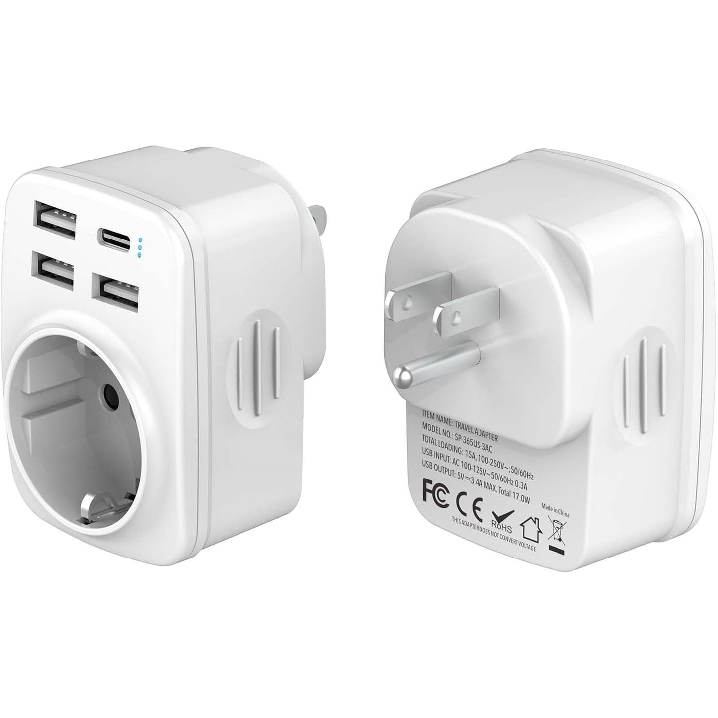 320370 - Hoppac Adaptues prize 5-në-1 për SHBA, 3 adaptorë USB-A (5V 2.4A) dhe 1 USB-C (5V 3A), për SHBA-në, Kanadanë, Meksikën, Tajlandën, Tipi B