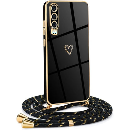 269533 - MKEJ Mbrojtëse për Huawei P30 me kordon varëse, TPU me model zemre, kordon varëse të rregullueshëm, e zezë ari
