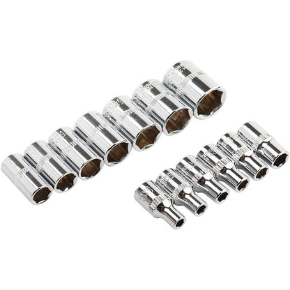 314486 - E-Torx Bestgle Set me 13 copë prizash, çelësa prizash Torx Hembr E-TORX 1/4 inç (6.3 mm), Version i shkurtër, 4-14 mm për riparimin e motoçikletave, biçikletave, mobiljeve etj.