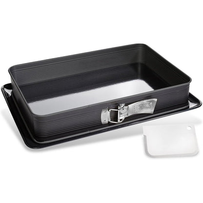 293204 - Tavë drejtkëndëshe me sustë ZENKER DELUXE, 1 copë, tavë pjekjeje katrore premium me bazë të emaluar dhe mbrojtje nga rrjedhjet, tavë për kek me shtresë jo-ngjitëse (ngjyra: e zezë metalike)