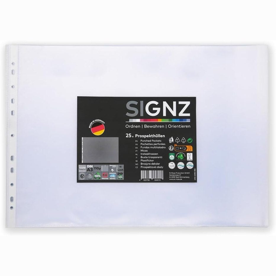 274588 - SIGNZ Mbështjellës broshurash DIN A3, format horizontal, ekstra i fortë 110 µm, 25 copë, me teksturë, prodhim neutral ndaj CO2, të prodhuara në Gjermani