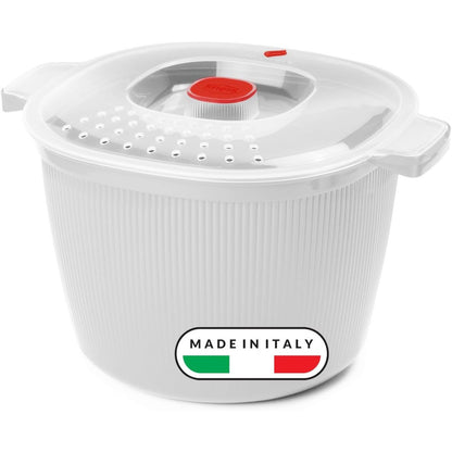 247718 - SNIPS Tas për makarona në mikrovalë 4L, Tenxhere patatesh 26.5x22x16.5 cm, Avullues për patate me kapak dhe doreza, e bardhë, e sigurt për lavastovilje, e prodhuar në Itali