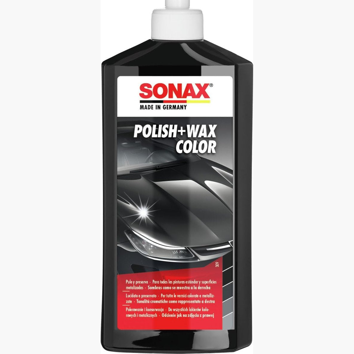 322557 - SONAX Polish+Wax Color NanoPro Black, 500 ml, lustër me fuqi mesatare me pigmente ngjyrash dhe përbërës dylli, Nr. 02961000-820