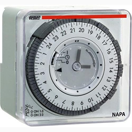 167484 - VEMER VE049300 NAPA-ED - Ndërprerës Kohor Elektromekanik, Kohëmatës me Programim Ditor pa Rezervë Energjie, Për Instalim në Mur, Panel ose Shinë DIN, Ngjyra Gri e Çelët