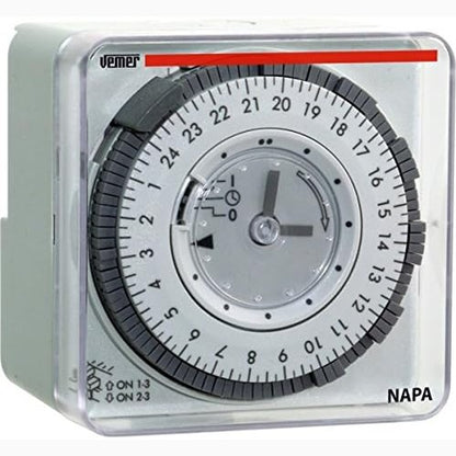 167484 - VEMER VE049300 NAPA-ED - Ndërprerës Kohor Elektromekanik, Kohëmatës me Programim Ditor pa Rezervë Energjie, Për Instalim në Mur, Panel ose Shinë DIN, Ngjyra Gri e Çelët