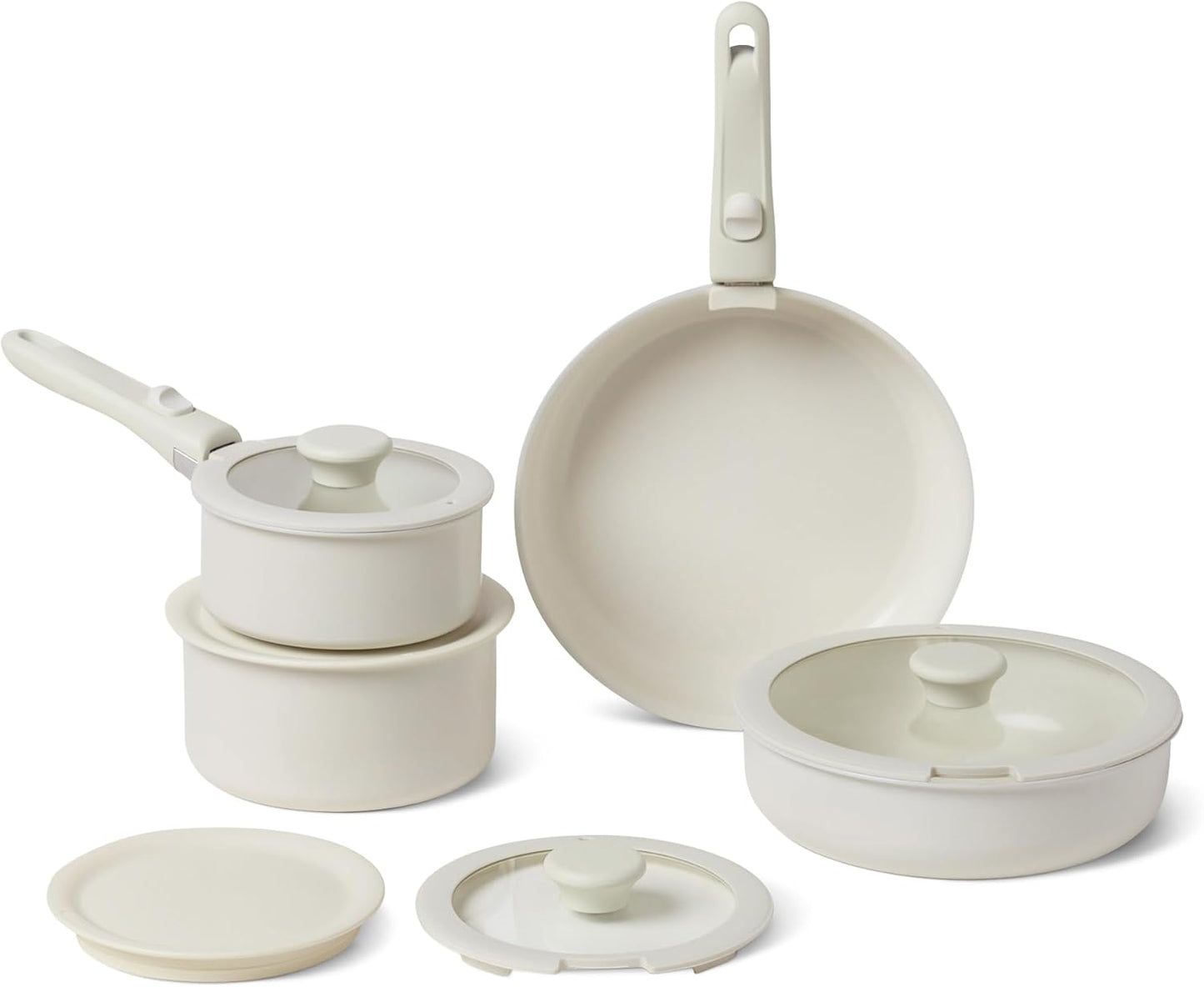 226131 - AMAZON BASICS Set enësh gatimi qeramike jo-ngjitëse të palosshme me doreza të shkëputshme, Set me 11 pjesë, i pajtueshëm me të gjitha sobat, ngjyrë fildishi