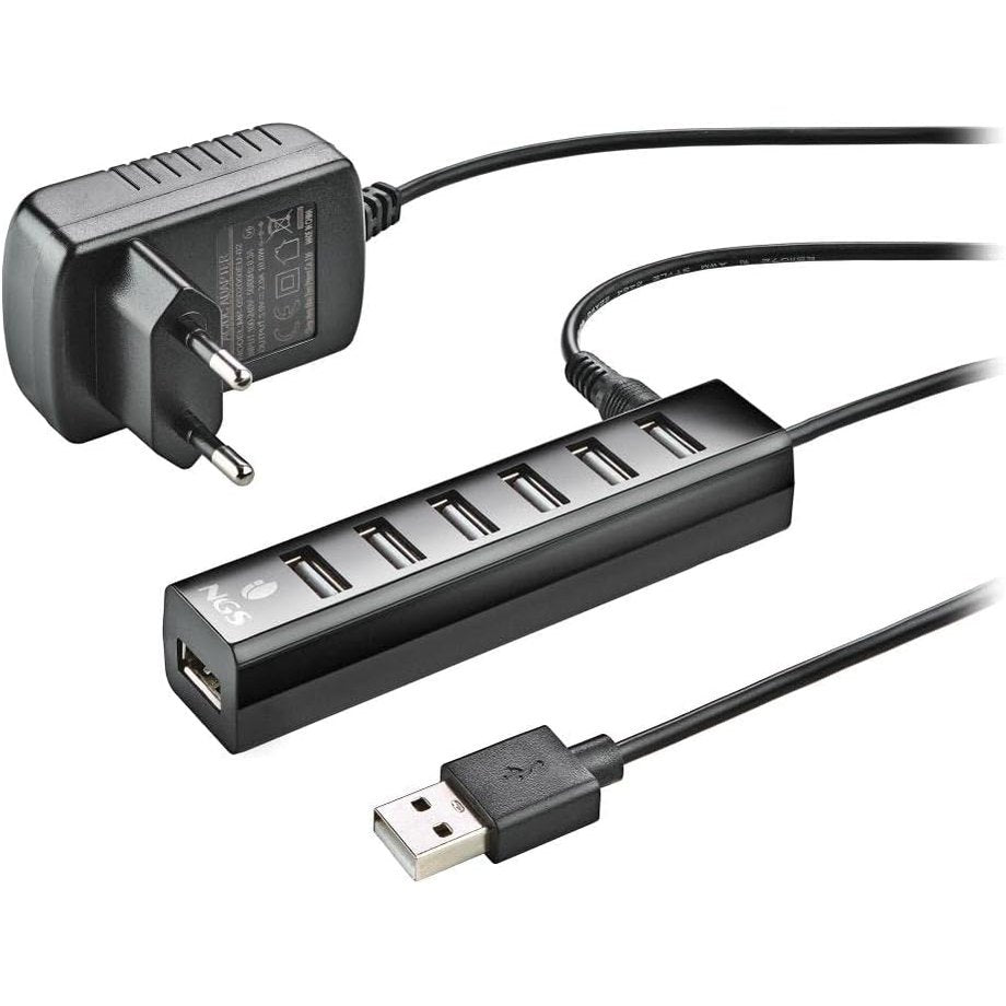 296059 - NGS IHUB7 Tiny - Qendër USB 2.0 me 7 Porta, Adaptor Energjie 5V/1A, kompatibil universal, Plug and Play