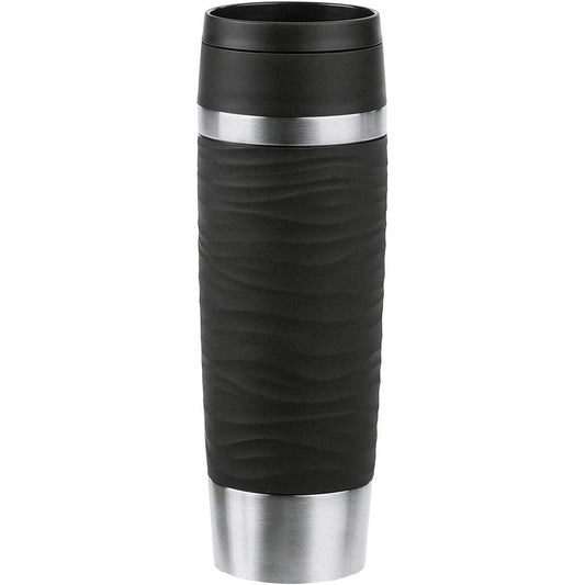 196031 - EMSA Filxhan Travel Mug Wave Termosi i Izoluar, 500 ml, Çelik Inox, i Zi, Hapje për Pirje 360°, Mban Pijet të Ngrohta për 6 Orë dhe të Ftohta për 12 Orë, 100% i Papërshkueshëm nga Rrjedhjet, i Sigurt për Lavastovilje, Kode: N20225