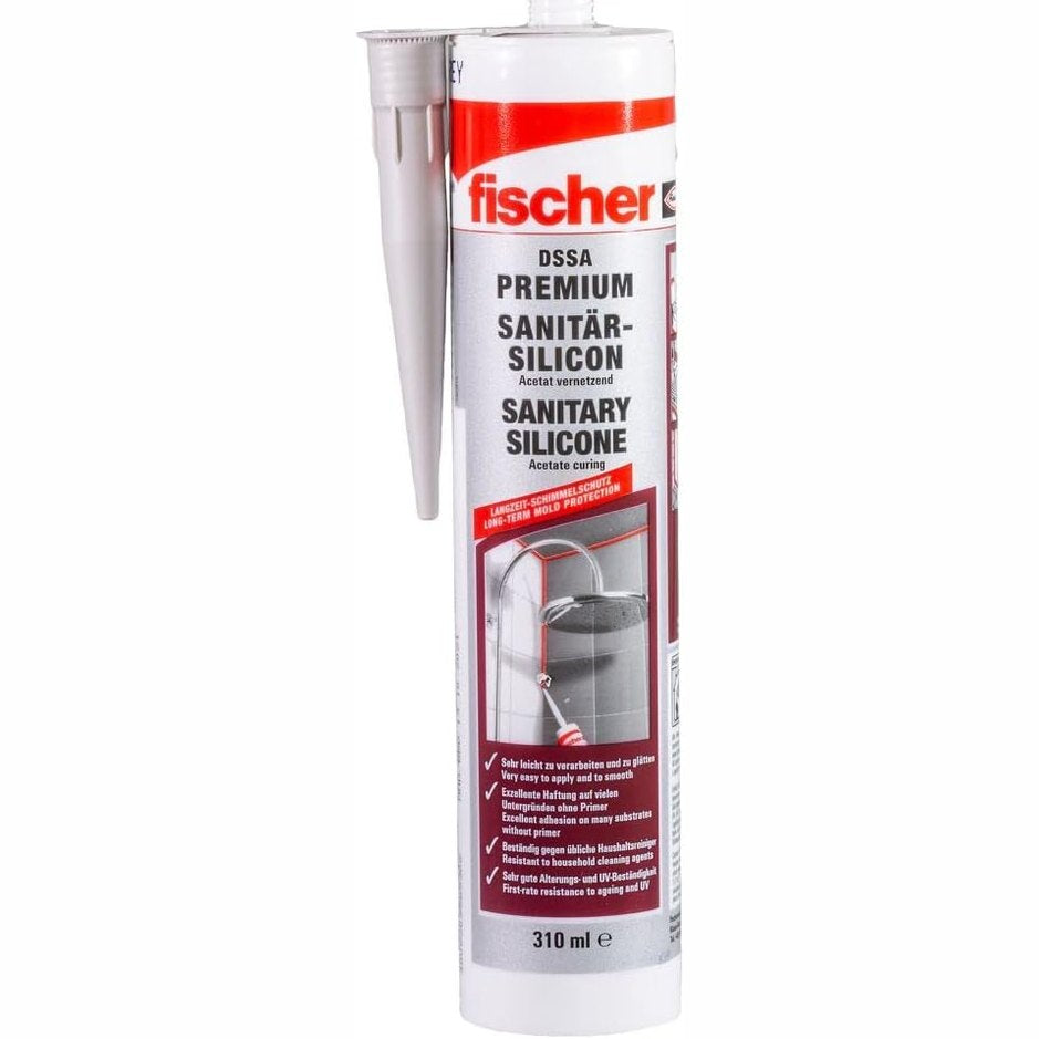 335428 - fischer Silikon Sanitar Premium 310 ml, gri-argjendtë, për vulosje dhe fugë në zona sanitare dhe kuzhine, mbrojtje afatgjatë kundër mykut