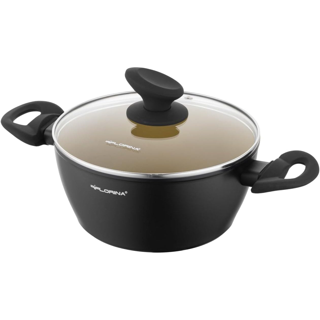 251624 - FLORINA AMVEGAN Tenxhere alumini 20 cm | 2.1L | Qëndrueshmëri e lartë | Kapak qelqi | Veshje qeramike me vaj ulliri | Gatim dhe pastrim i lehtë | I përshtatshëm për të gjitha sobat
