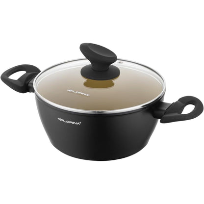 251624 - FLORINA AMVEGAN Tenxhere alumini 20 cm | 2.1L | Qëndrueshmëri e lartë | Kapak qelqi | Veshje qeramike me vaj ulliri | Gatim dhe pastrim i lehtë | I përshtatshëm për të gjitha sobat