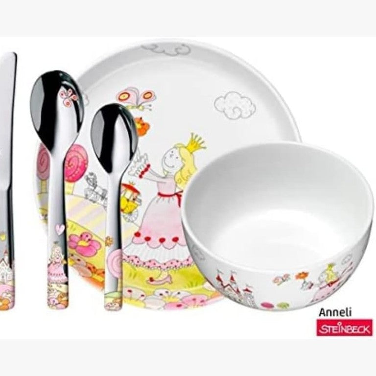 213415 - WMF Set enësh darke për fëmijë Princess Anneli, 5 pjesë, enë tavoline prej porcelani për vajza, çelik inox i lëmuar Cromargan