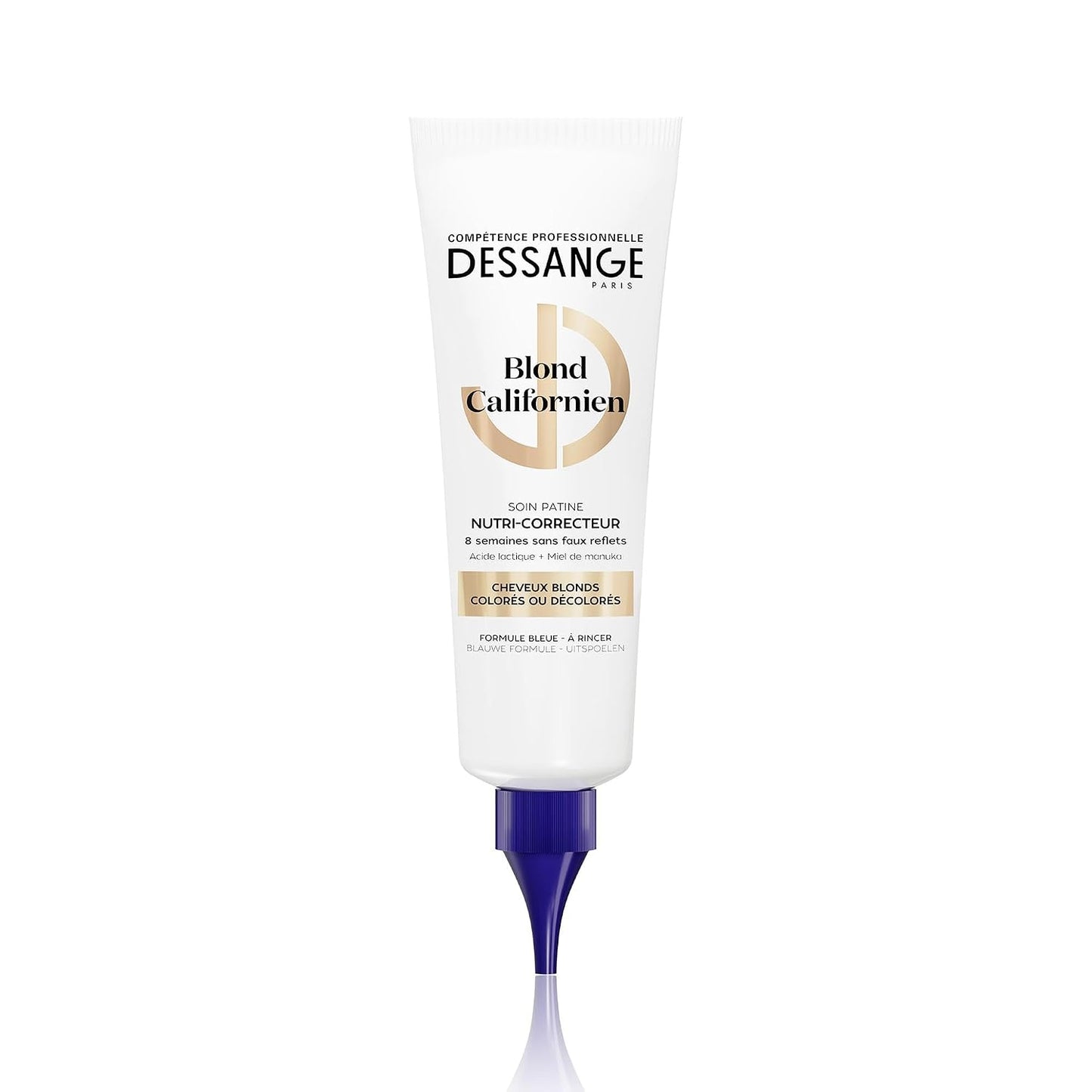 318501 - DESSANGE Trajtim ushqyes-korrektues me patinë blu për bjonden kaliforniane Acid laktik dhe mjaltë manuka Ushqen dhe neutralizon tonet e verdha Flokë bjonde, të lyer dhe të zbardhur 140ml