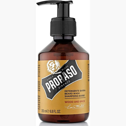321596 - PRORASO Shampo për mjekër, Kujdes për fytyrën për meshkuj, 200 ml, Pastrim dhe Zbutje, Aromë druri dhe erëzash, Prodhuar në Itali