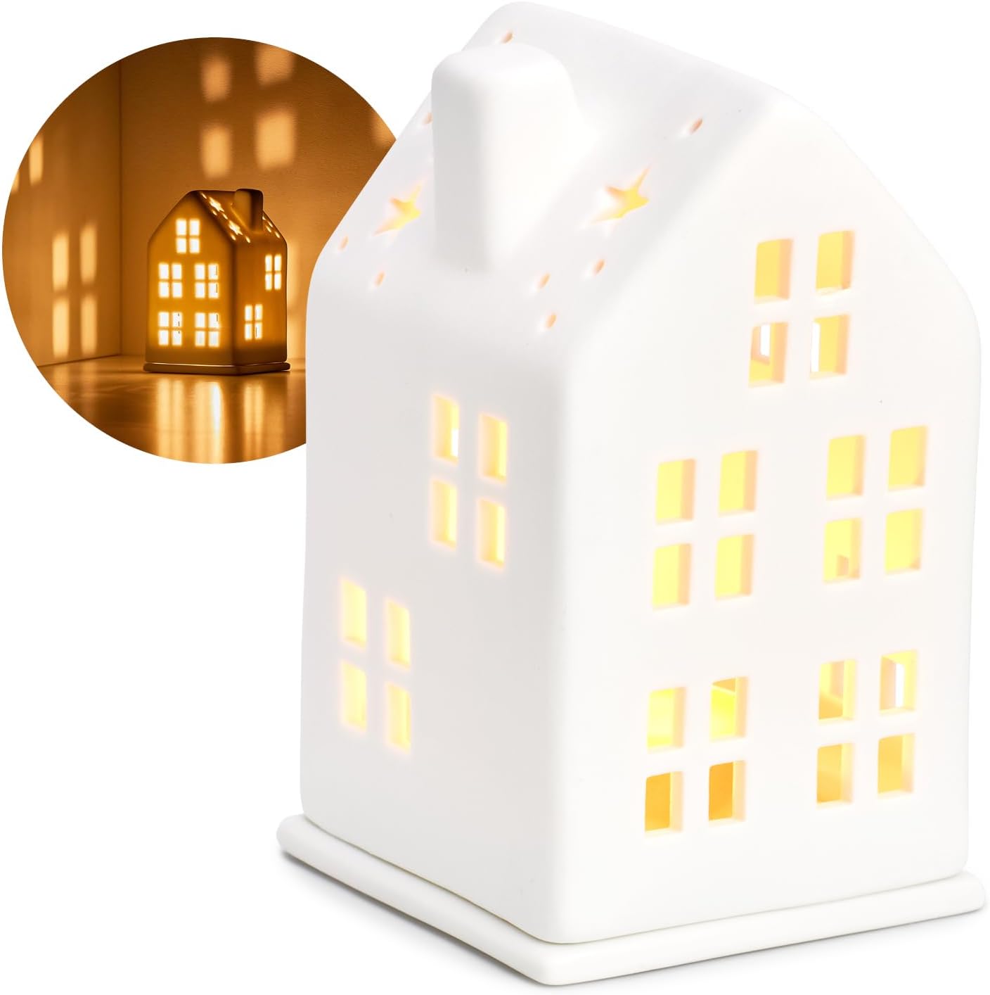 168928 - COM-FOUR® Shtëpi prej Porcelani me Ndriçim me Mbajtëse Llambë Çaji, Dekorim Dhomësh në Formën e Shtëpisë, Madhësi 12.5 cm