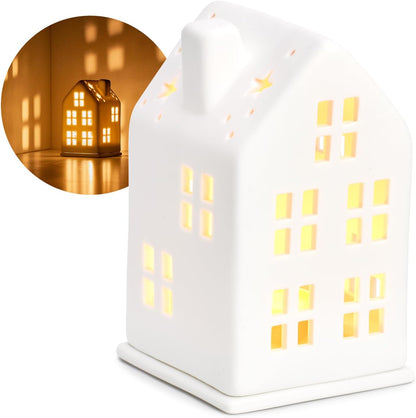 168928 - COM-FOUR® Shtëpi prej Porcelani me Ndriçim me Mbajtëse Llambë Çaji, Dekorim Dhomësh në Formën e Shtëpisë, Madhësi 12.5 cm