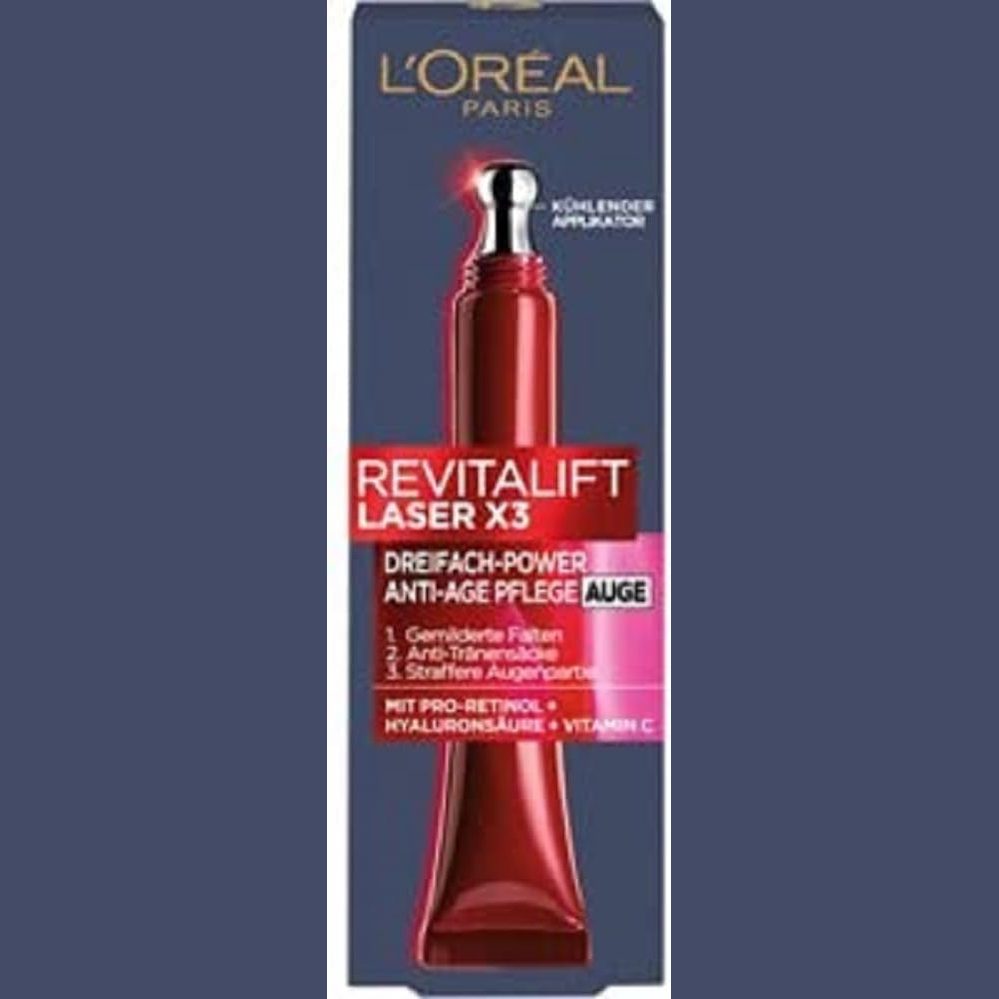 275457 - L'ORÉAL PARIS Krem kundër plakjes së syve, 15 ml, fuqi e trefishtë, reduktim i rrudhave, zvogëlim i qeskave, pro-retinol, vitaminë C, acid hialuronik