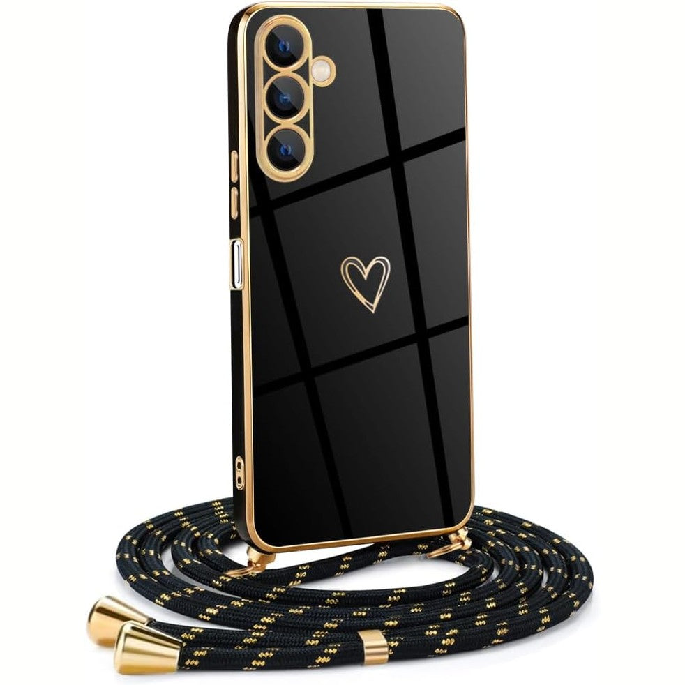 309289 - MKEJ - Mbrojtëse Telefoni për Samsung Galaxy A16 5G, Silikoni me Rrip, Dizajn Zemër dhe Dashuri, Electroplated, Kordon në Ngjyrë të Zezë dhe të Artë