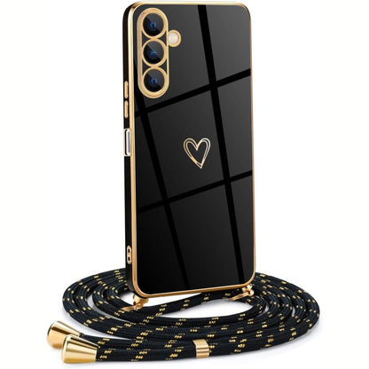 309289 - MKEJ - Mbrojtëse Telefoni për Samsung Galaxy A16 5G, Silikoni me Rrip, Dizajn Zemër dhe Dashuri, Electroplated, Kordon në Ngjyrë të Zezë dhe të Artë